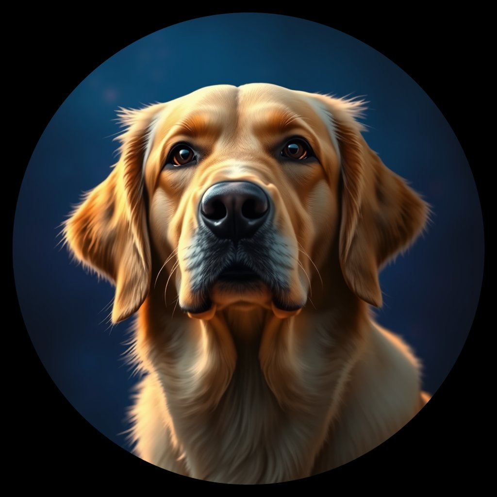 Cosmic medallion portrait of GRLS_grlsMRYUH, a Golden Retriever