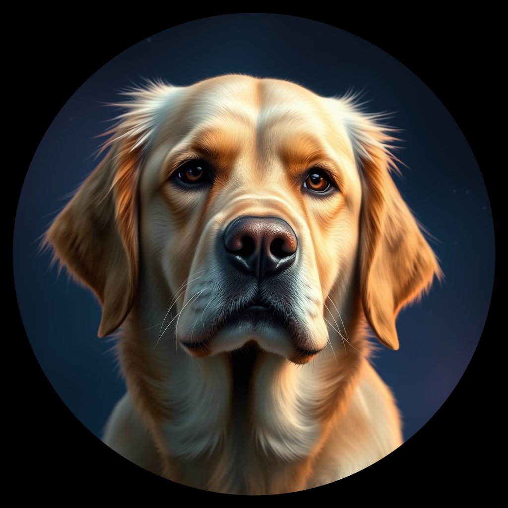 Cosmic medallion portrait of GRLS_grlsMT3GPYY, a Golden Retriever