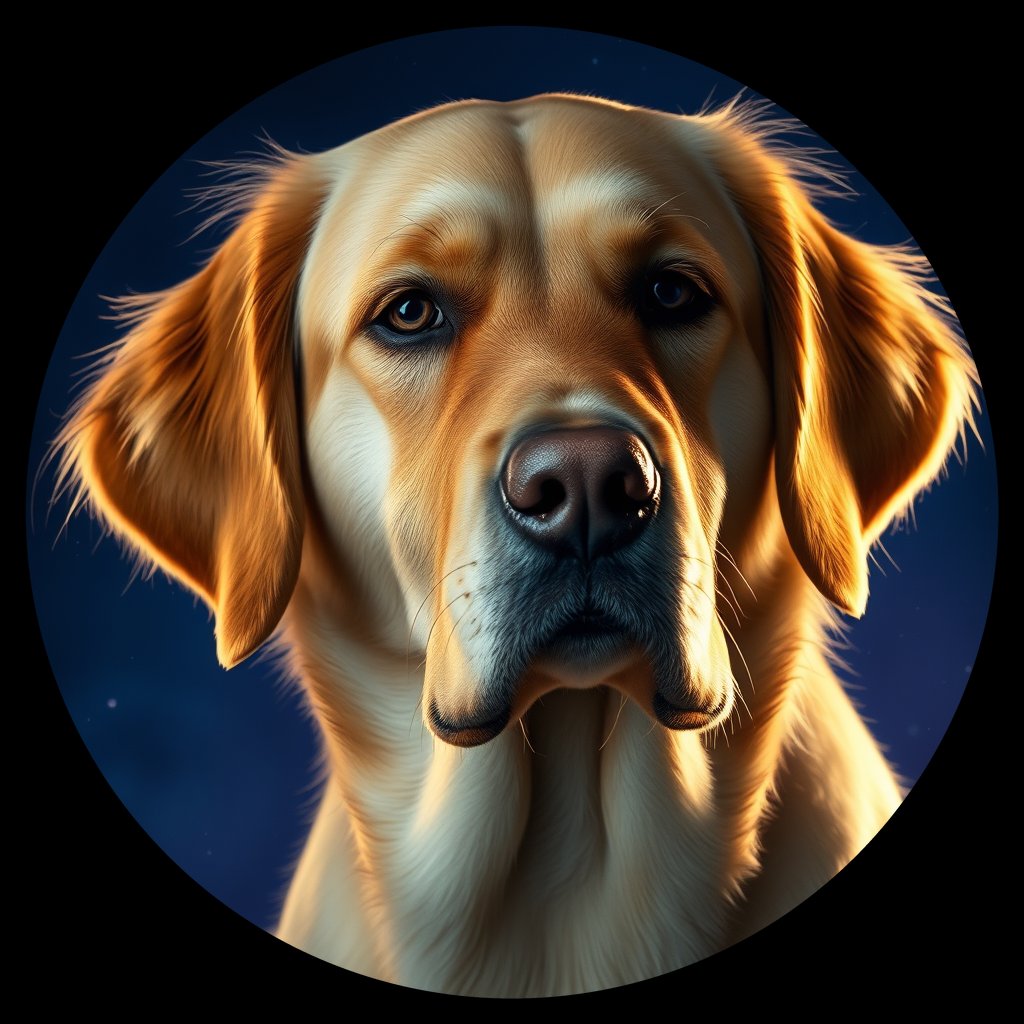 Cosmic medallion portrait of GRLS_grlsMU6JQ8HH, a Golden Retriever