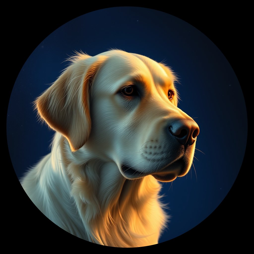 Cosmic medallion portrait of GRLS_grlsMVEFYNN, a Golden Retriever