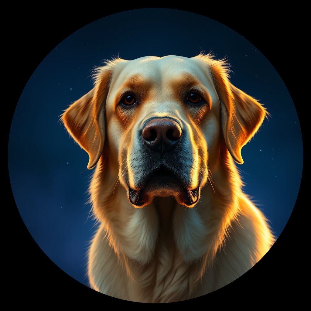Cosmic medallion portrait of GRLS_grlsMWZRL7FF, a Golden Retriever