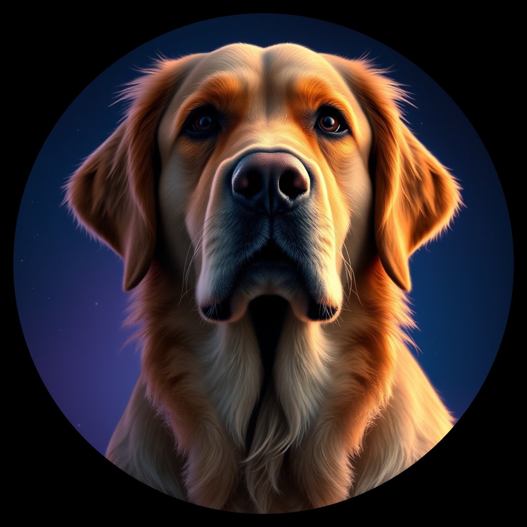 Cosmic medallion portrait of GRLS_grlsN43KG77, a Golden Retriever