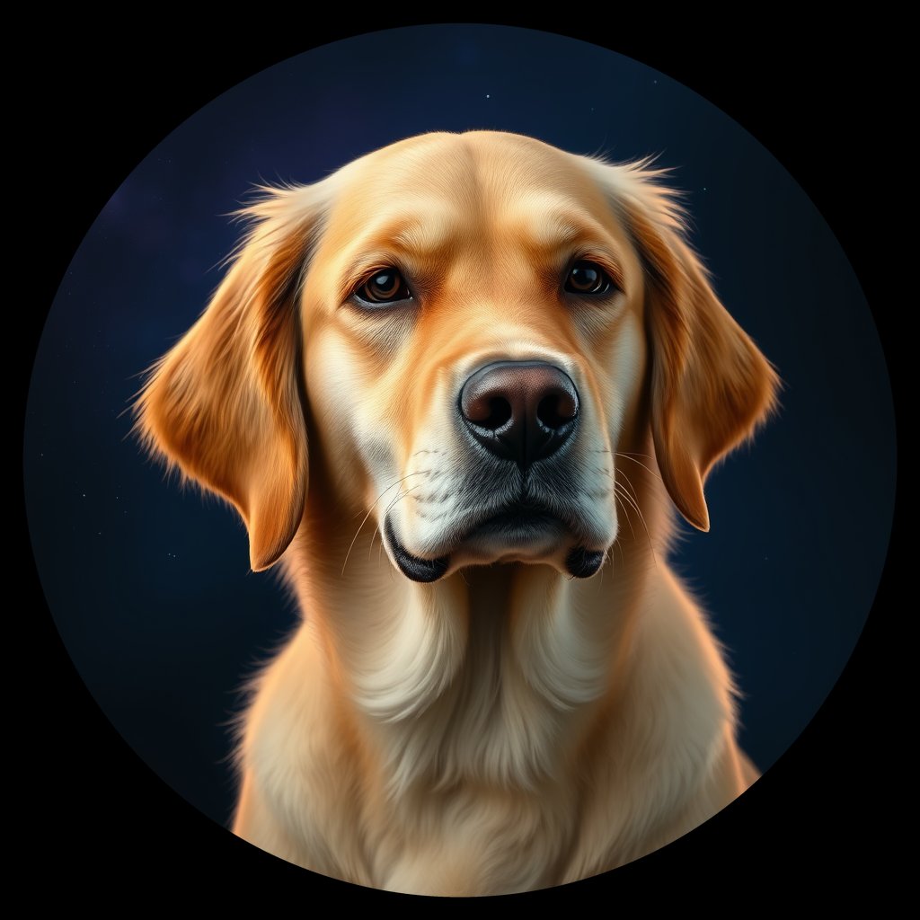 Cosmic medallion portrait of GRLS_grlsN4RK7ERR, a Golden Retriever