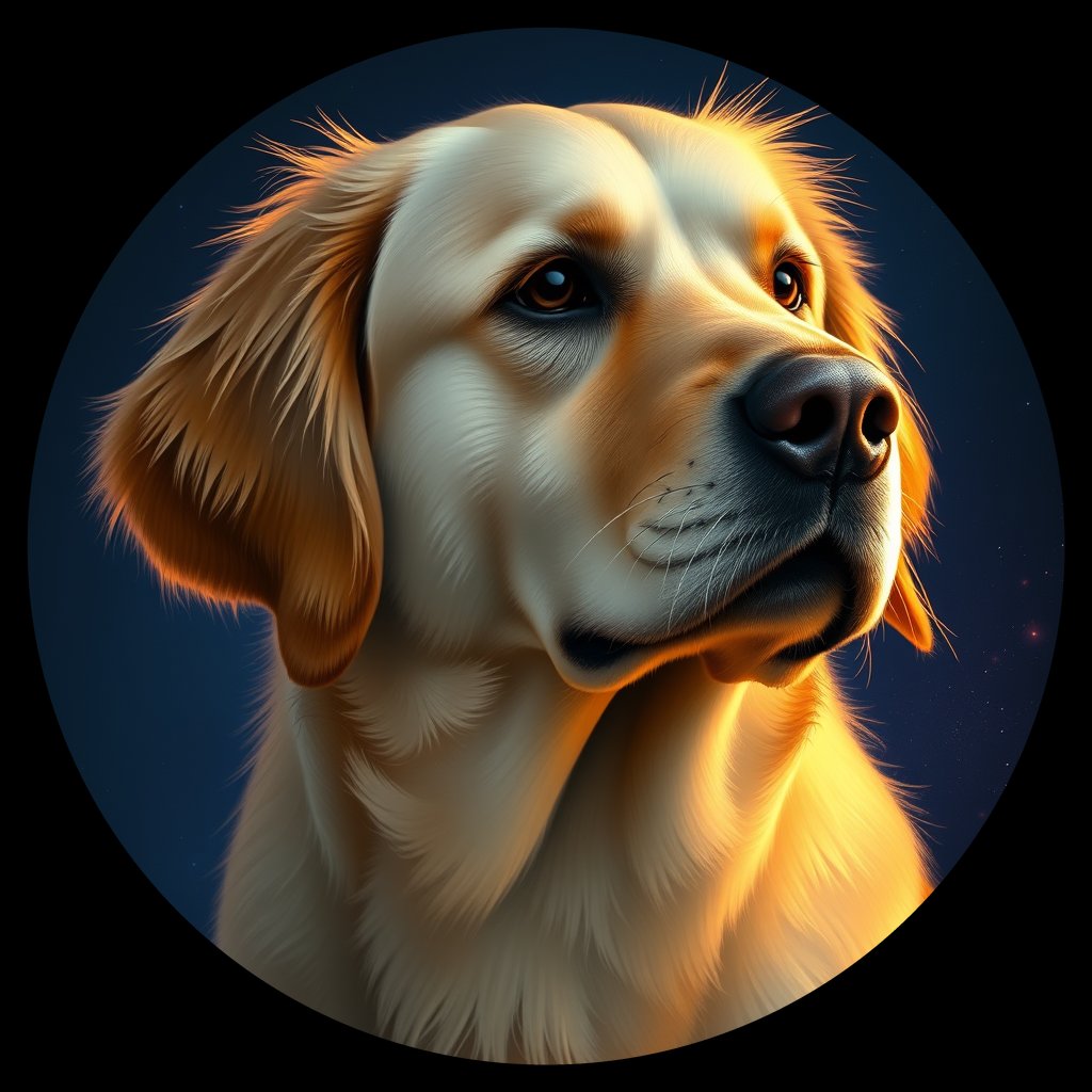 Cosmic medallion portrait of GRLS_grlsN717FOBB, a Golden Retriever