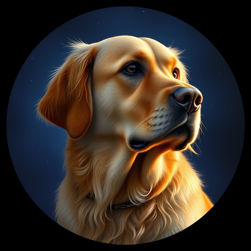 Cosmic medallion portrait of GRLS_grlsNB7KM6WW, a Golden Retriever