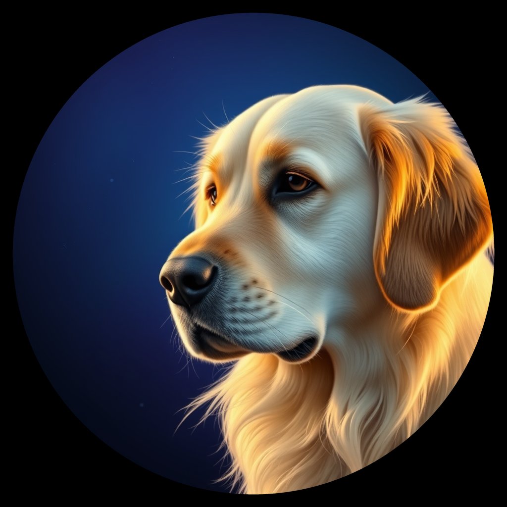 Cosmic medallion portrait of GRLS_grlsNBLQTCVV, a Golden Retriever