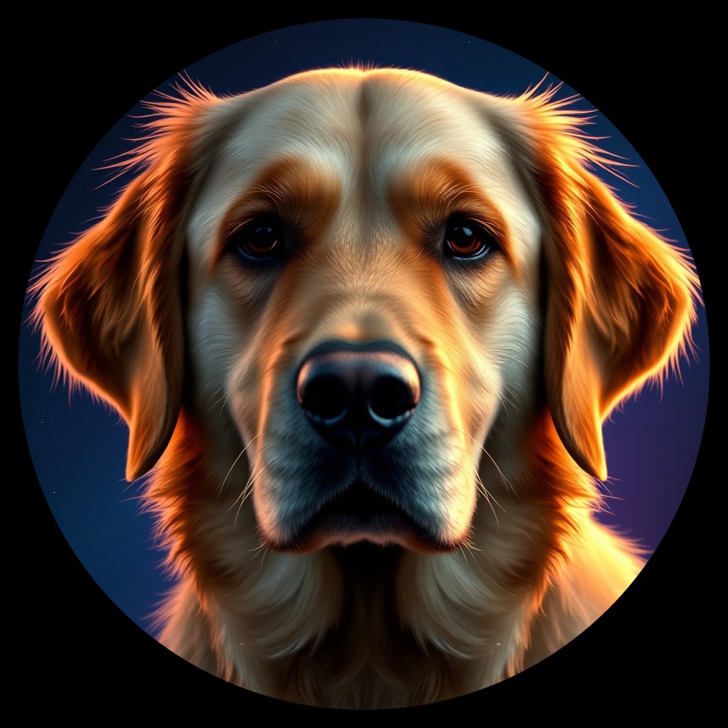 Cosmic medallion portrait of GRLS_grlsNCBOMVQQ, a Golden Retriever