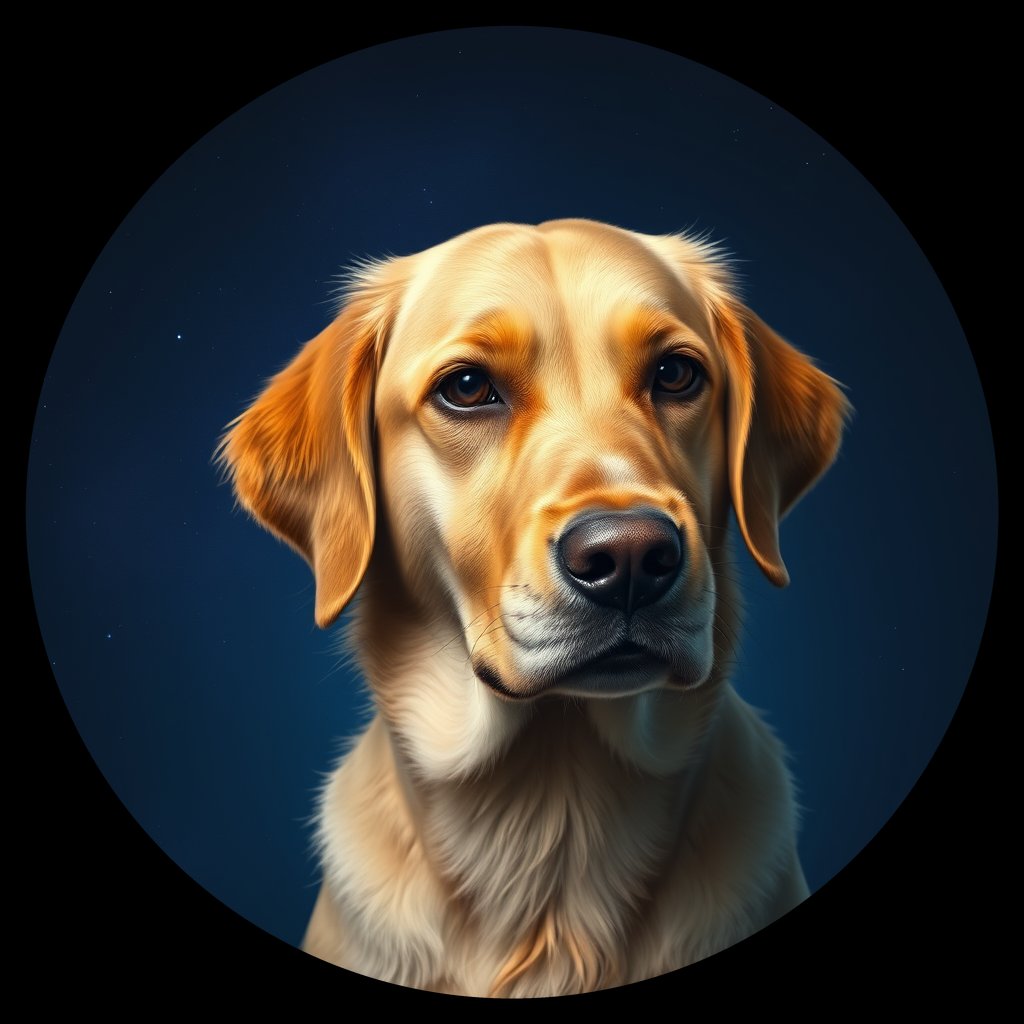 Cosmic medallion portrait of GRLS_grlsNCXK27MM, a Golden Retriever