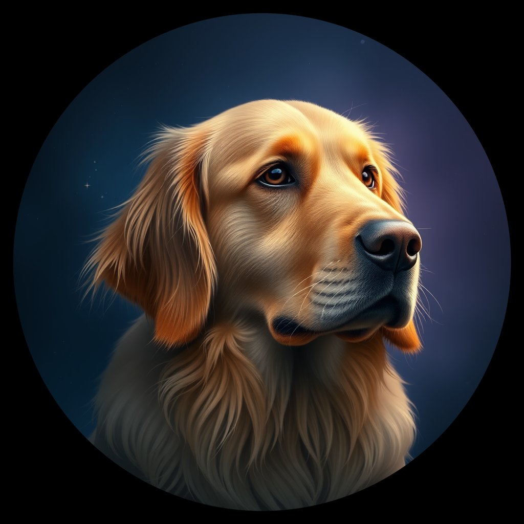 Cosmic medallion portrait of GRLS_grlsNDJYYR, a Golden Retriever