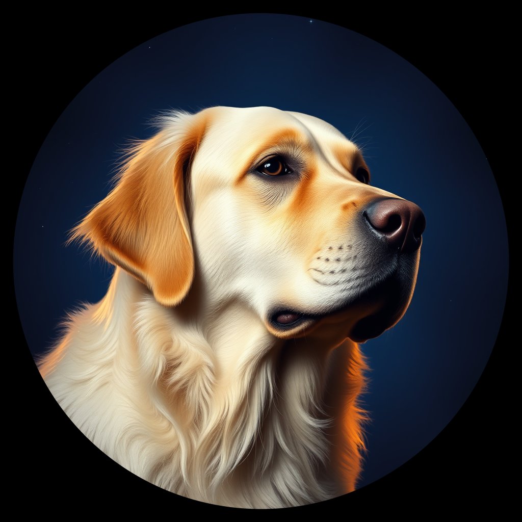 Cosmic medallion portrait of GRLS_grlsNIYMY1TT, a Golden Retriever