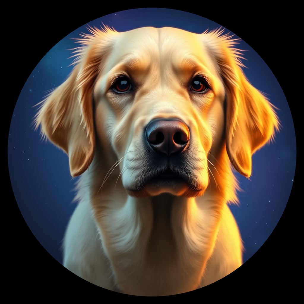 Cosmic medallion portrait of GRLS_grlsNKMG0U88, a Golden Retriever