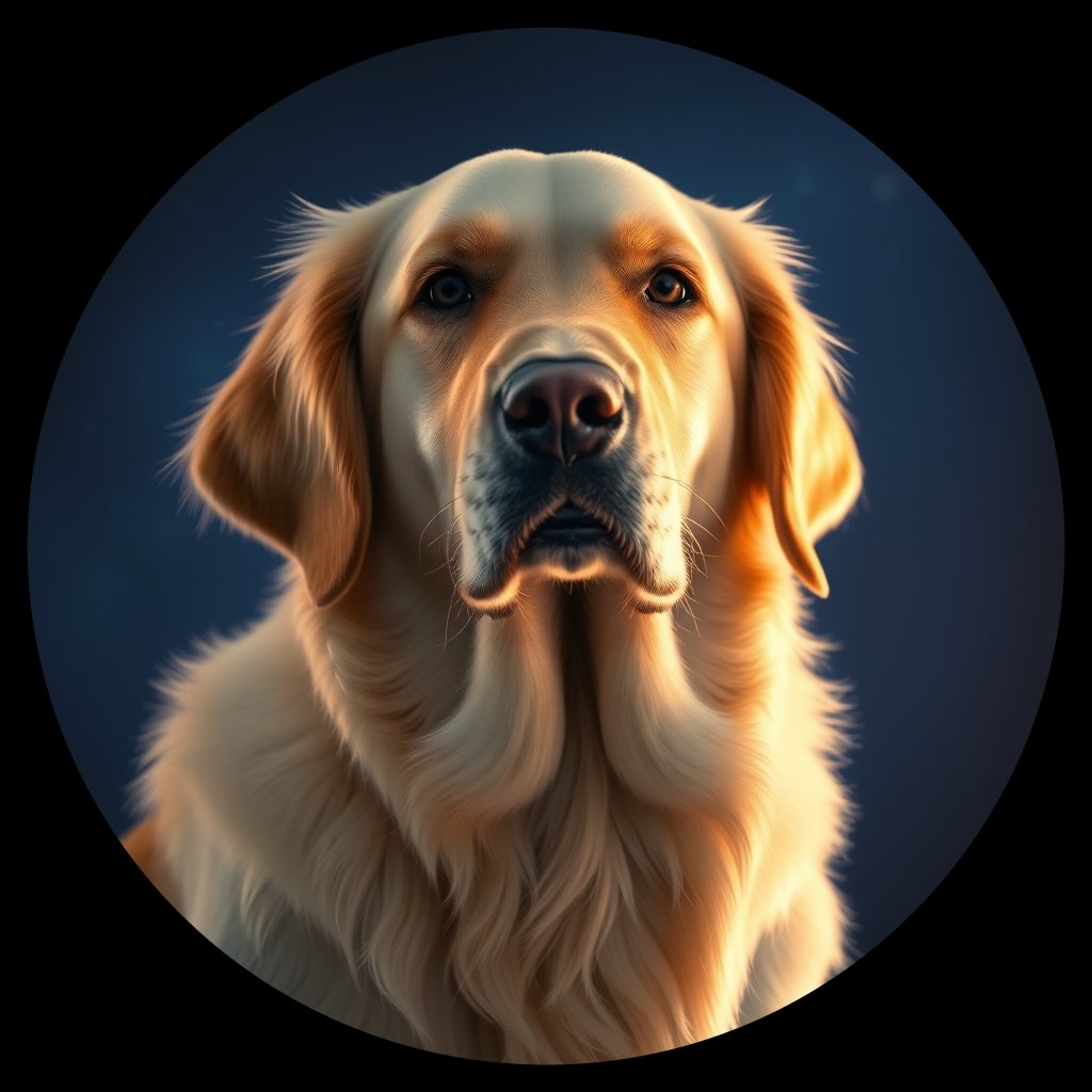Cosmic medallion portrait of GRLS_grlsNMMFFPTT, a Golden Retriever