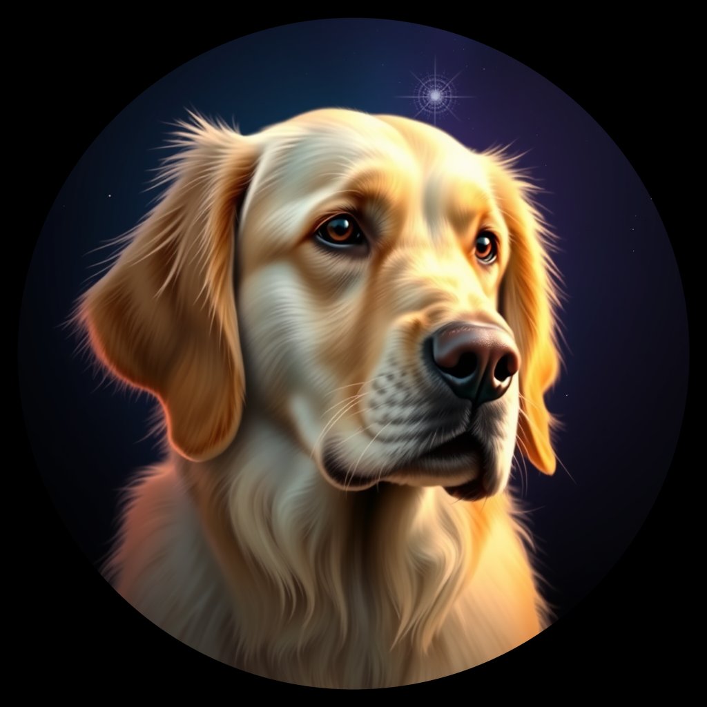 Cosmic medallion portrait of GRLS_grlsNPL2E4KK, a Golden Retriever