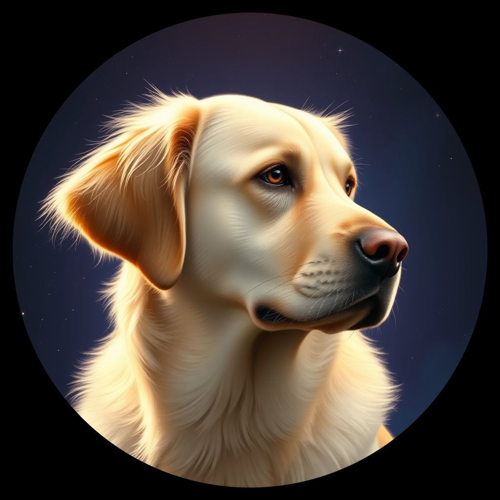 Cosmic medallion portrait of GRLS_grlsNQK8OMM, a Golden Retriever