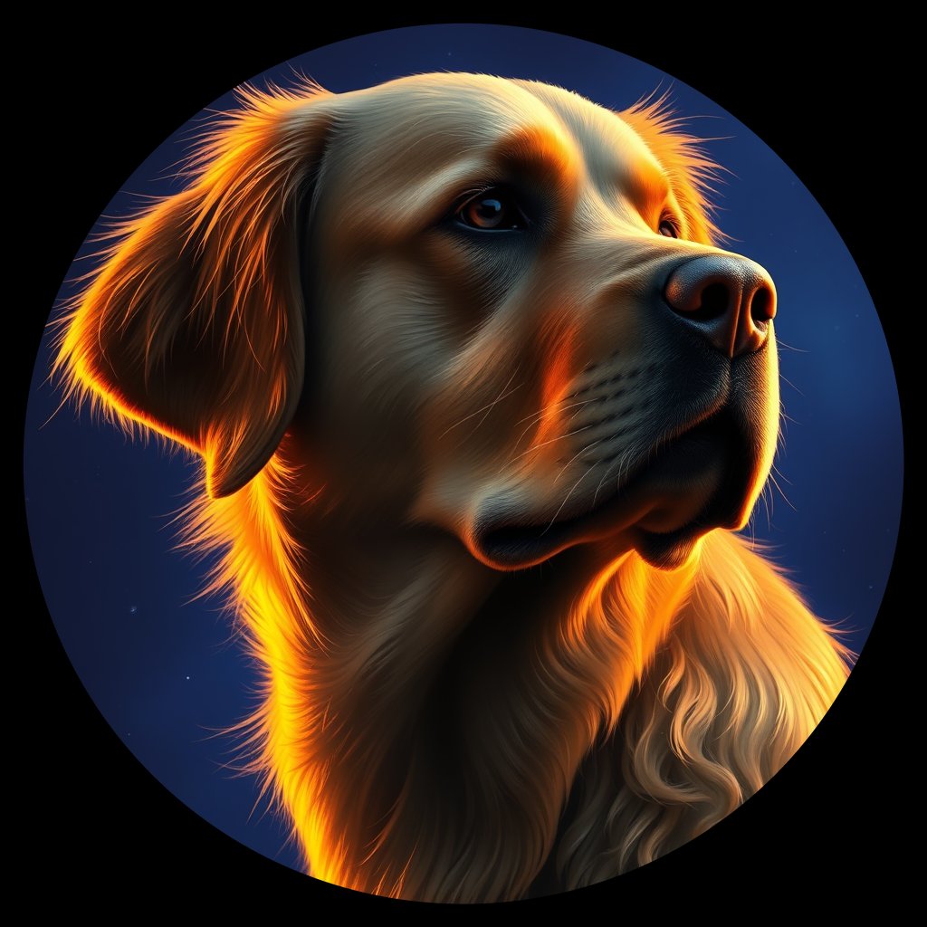 Cosmic medallion portrait of GRLS_grlsNR40CYHH, a Golden Retriever