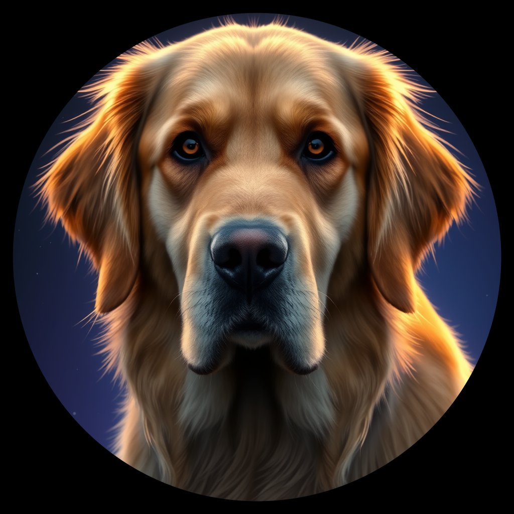 Cosmic medallion portrait of GRLS_grlsNVXS7MM, a Golden Retriever