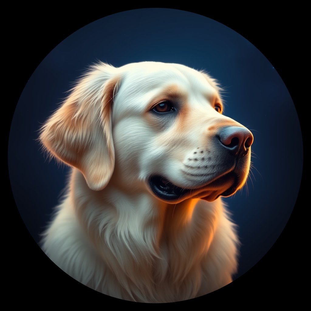 Cosmic medallion portrait of GRLS_grlsNXR9T1OO, a Golden Retriever