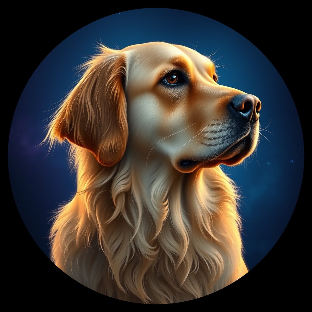 Cosmic medallion portrait of GRLS_grlsNXRHVCTT, a Golden Retriever