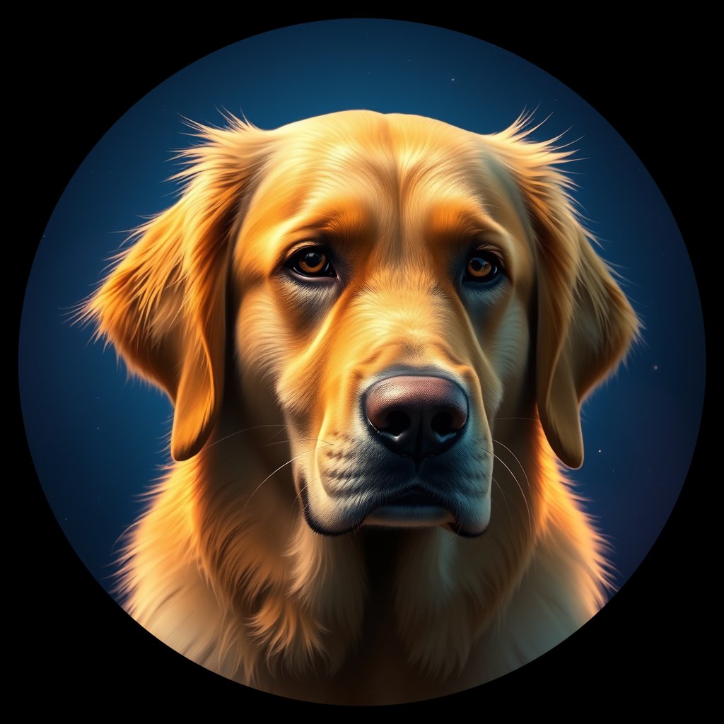 Cosmic medallion portrait of GRLS_grlsNZ3N1DGG, a Golden Retriever