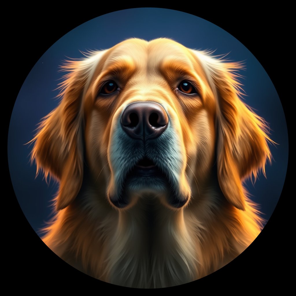 Cosmic medallion portrait of GRLS_grlsNZDLYSZZ, a Golden Retriever