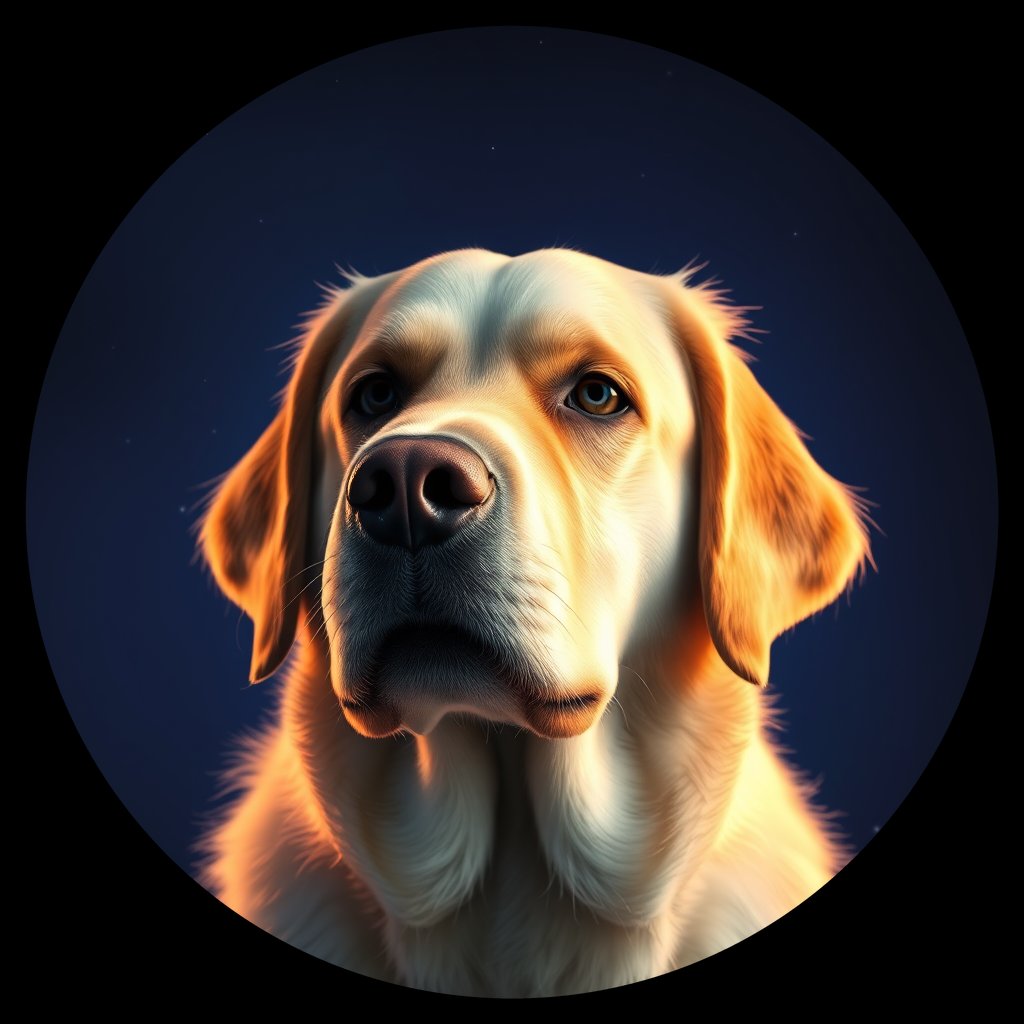 Cosmic medallion portrait of GRLS_grlsO1M7NDXX, a Golden Retriever