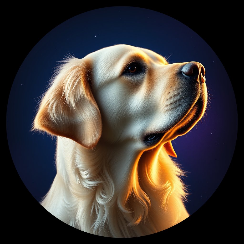 Cosmic medallion portrait of GRLS_grlsO3II22II, a Golden Retriever