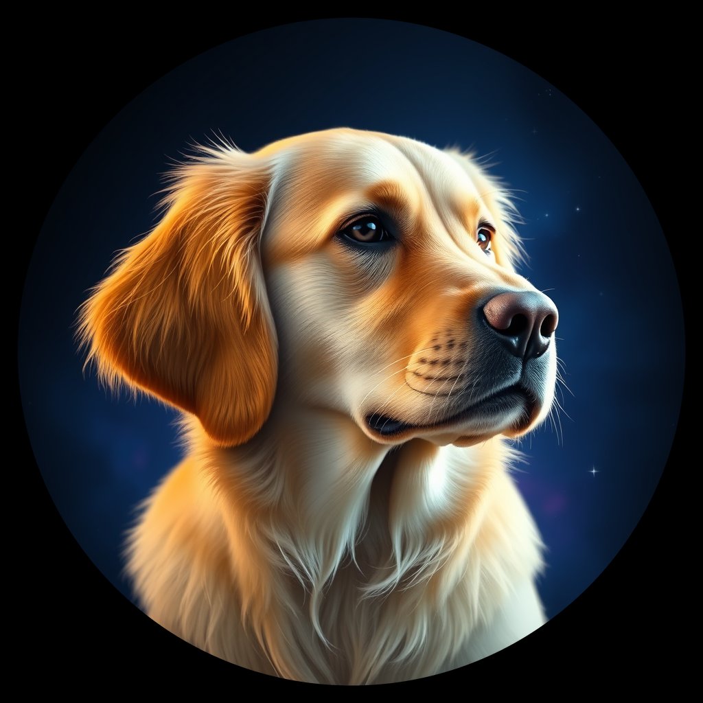 Cosmic medallion portrait of GRLS_grlsO3NBGJ44, a Golden Retriever