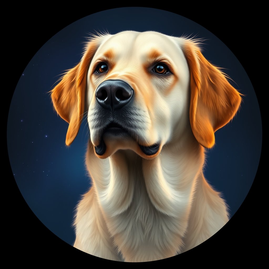 Cosmic medallion portrait of GRLS_grlsO3XK23XX, a Golden Retriever