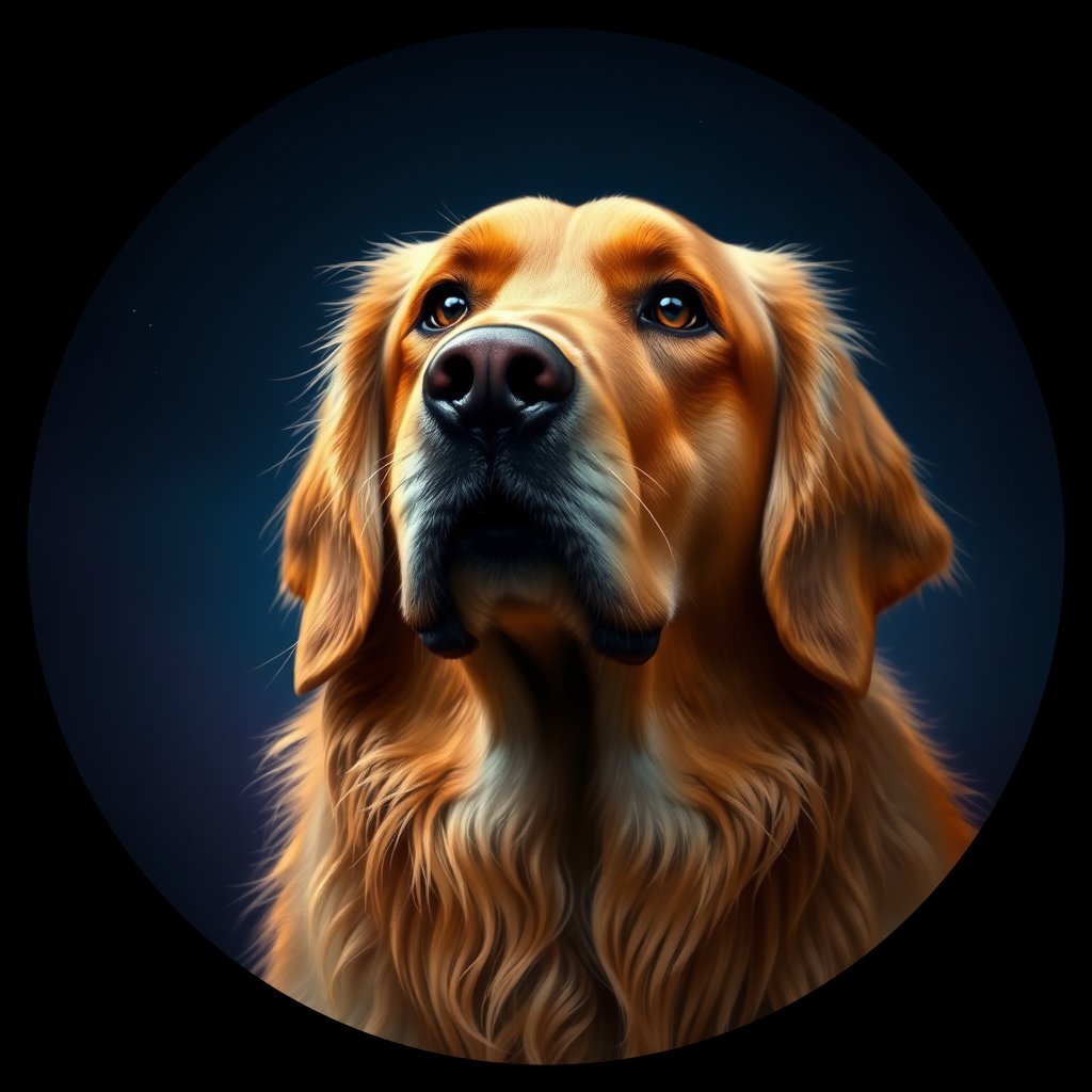 Cosmic medallion portrait of GRLS_grlsO45NQLBB, a Golden Retriever