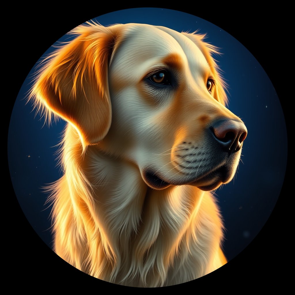 Cosmic medallion portrait of GRLS_grlsO8CDKUU, a Golden Retriever