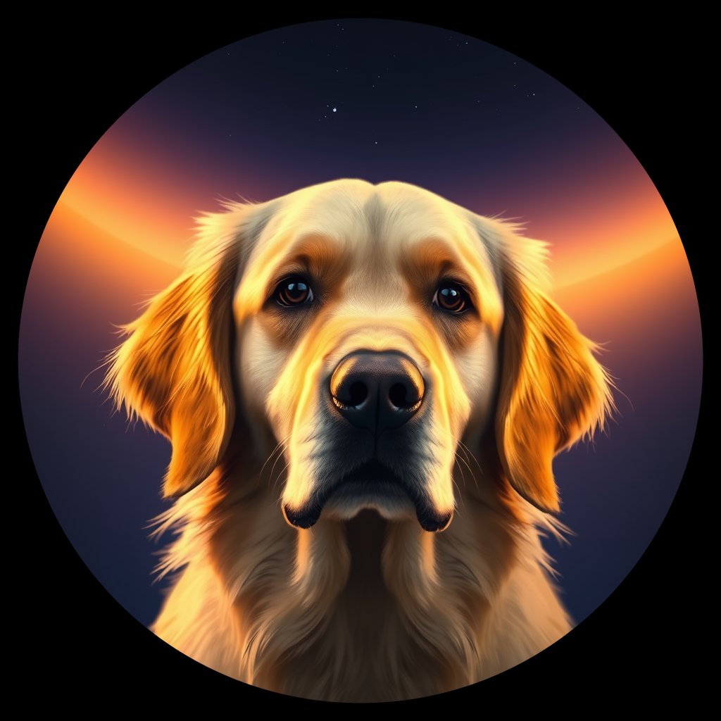 Cosmic medallion portrait of GRLS_grlsO9QFC4KK, a Golden Retriever