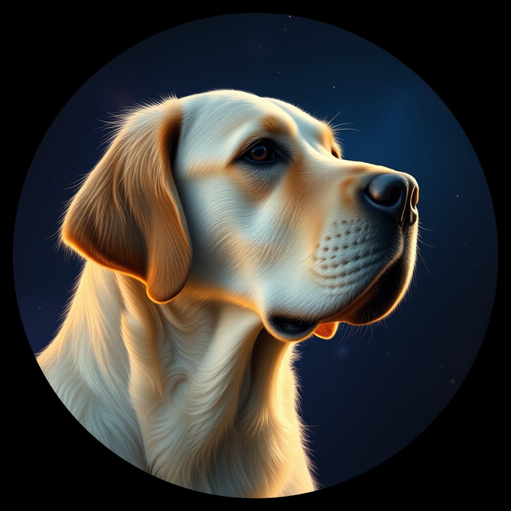 Cosmic medallion portrait of GRLS_grlsOBKQCCRR, a Golden Retriever
