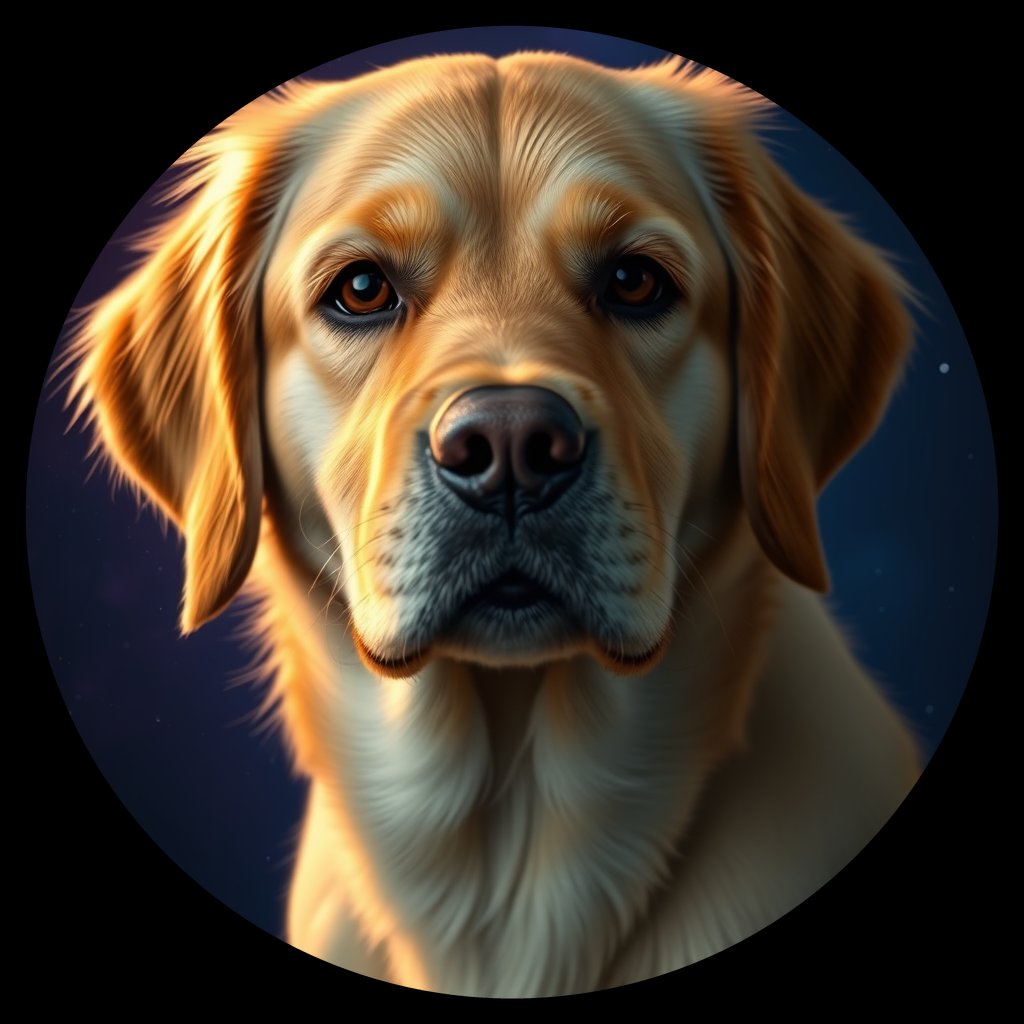 Cosmic medallion portrait of GRLS_grlsOC6LS7RR, a Golden Retriever