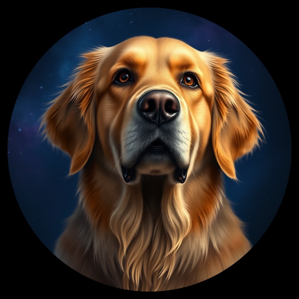 Cosmic medallion portrait of GRLS_grlsOG8HTSRR, a Golden Retriever