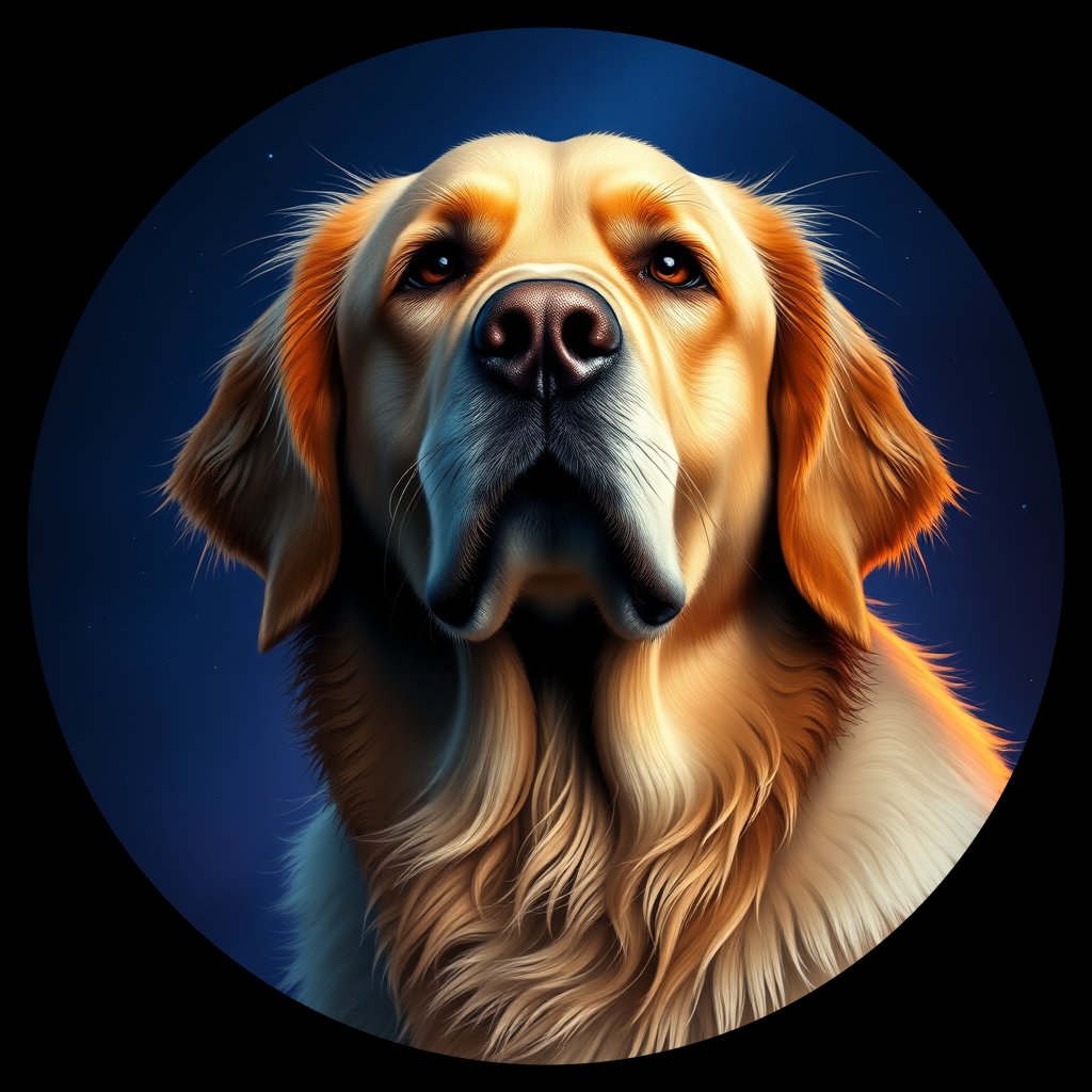 Cosmic medallion portrait of GRLS_grlsOGN9F0JJ, a Golden Retriever