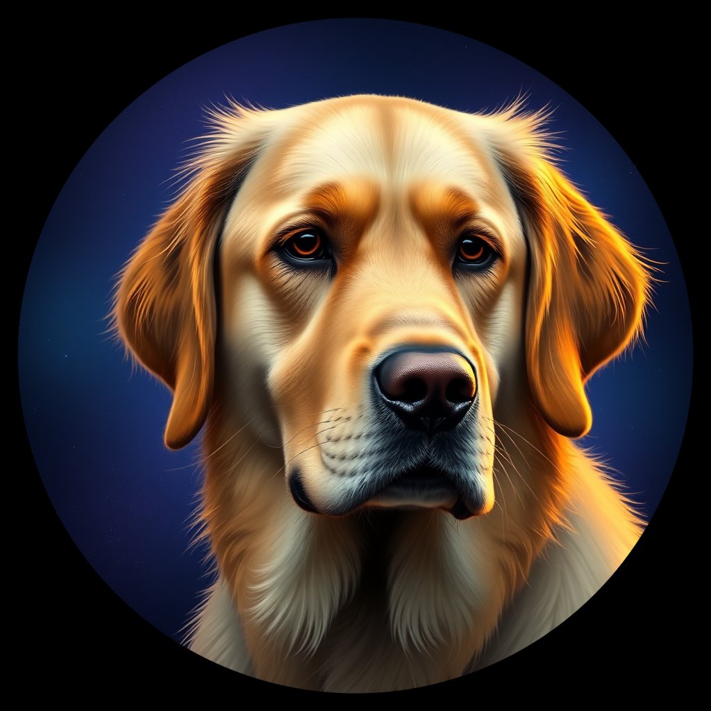 Cosmic medallion portrait of GRLS_grlsOHBXQP, a Golden Retriever