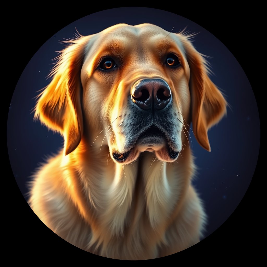 Cosmic medallion portrait of GRLS_grlsOIV56RAA, a Golden Retriever