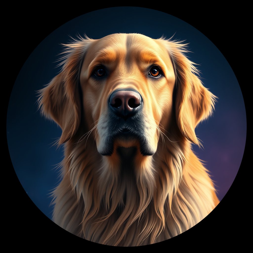 Cosmic medallion portrait of GRLS_grlsOLCVC600, a Golden Retriever