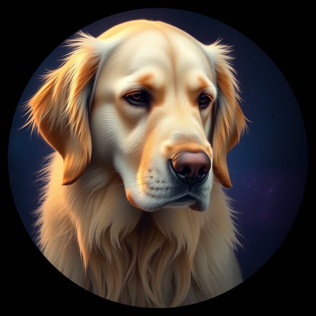 Cosmic medallion portrait of GRLS_grlsOMPOVPZZ, a Golden Retriever