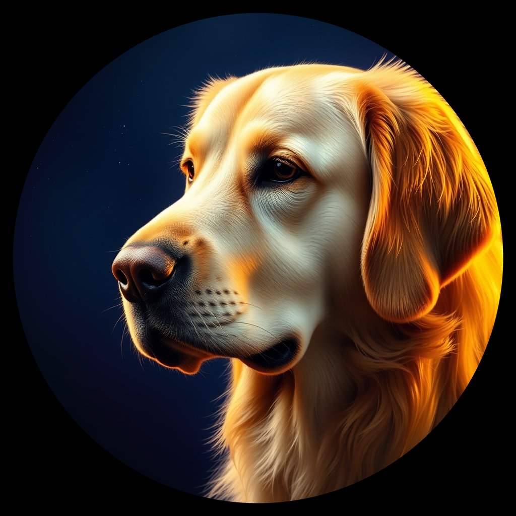Cosmic medallion portrait of GRLS_grlsOMR9B833, a Golden Retriever
