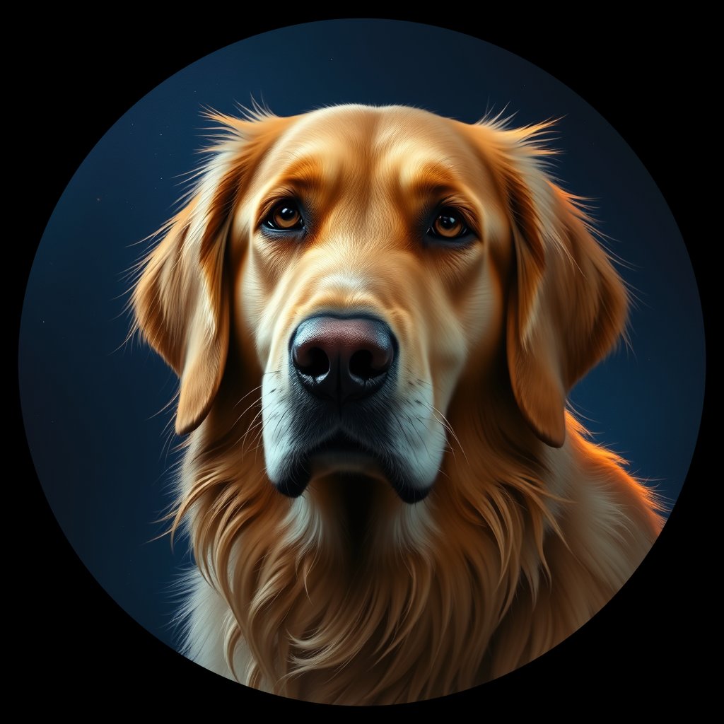 Cosmic medallion portrait of GRLS_grlsONZRBVGG, a Golden Retriever