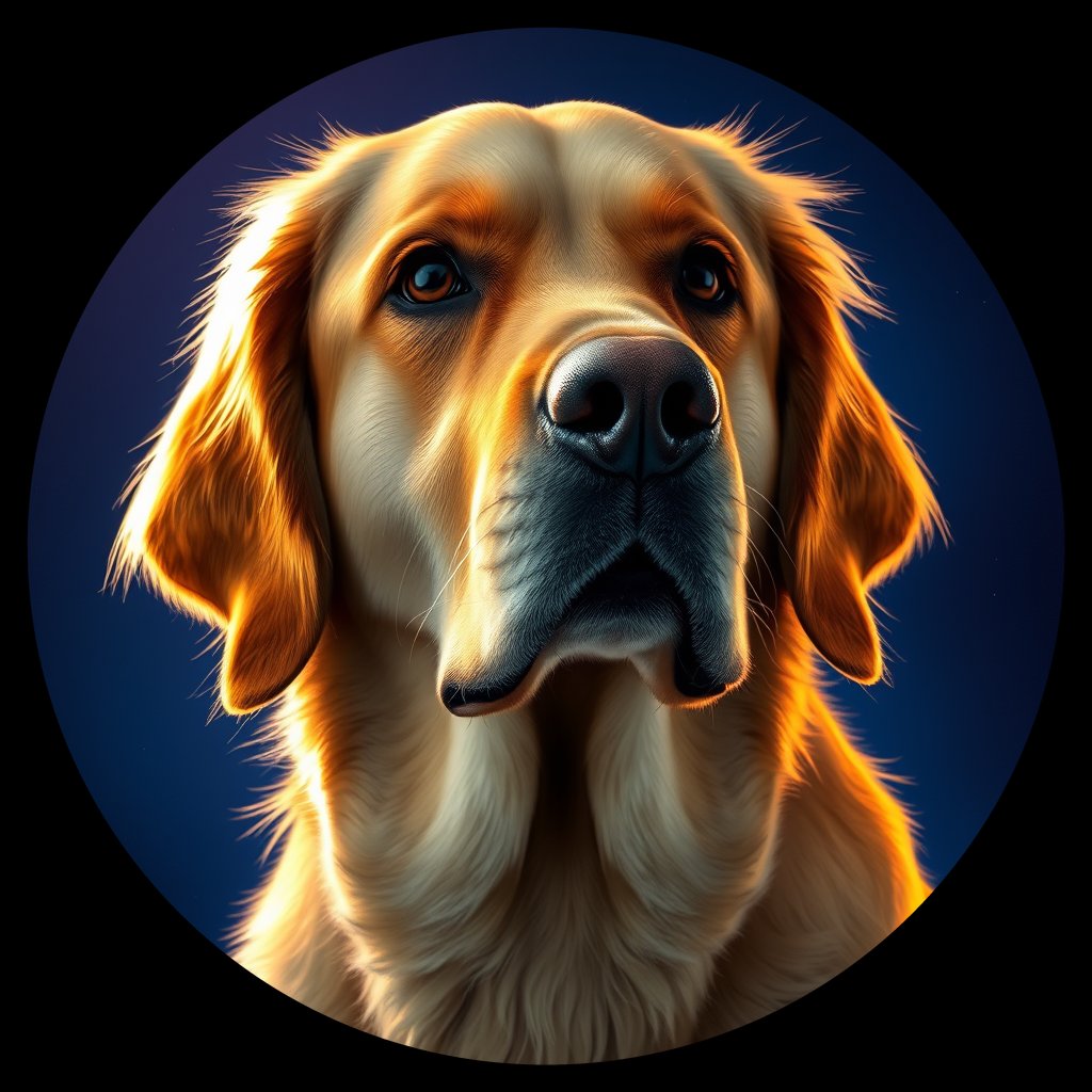 Cosmic medallion portrait of GRLS_grlsOWEYMMOO, a Golden Retriever
