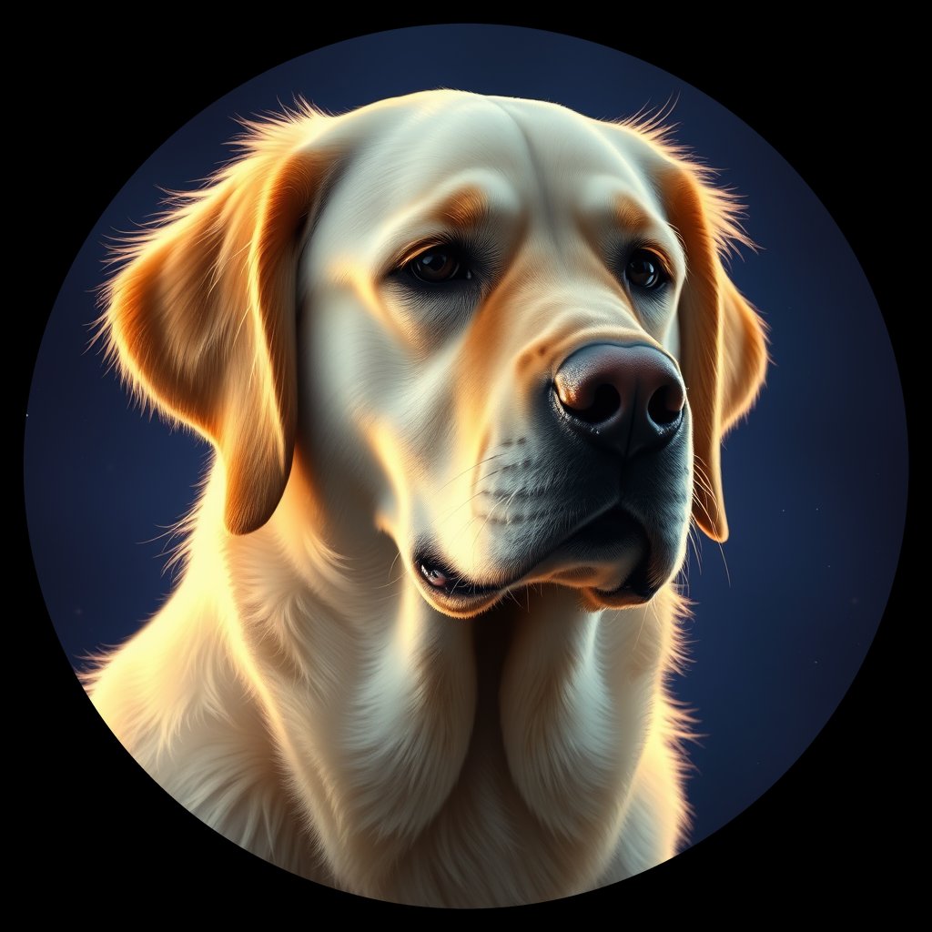 Cosmic medallion portrait of GRLS_grlsP0F0A455, a Golden Retriever