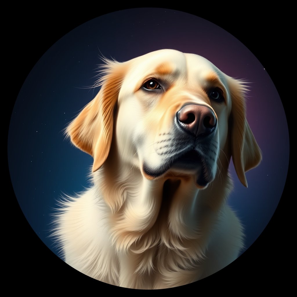 Cosmic medallion portrait of GRLS_grlsP0XFO2EE, a Golden Retriever
