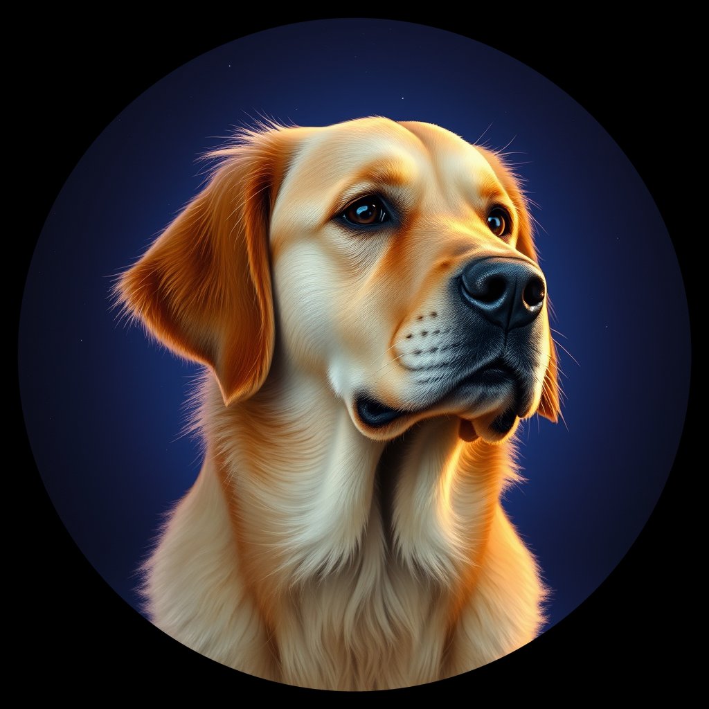 Cosmic medallion portrait of GRLS_grlsP17EHTZZ, a Golden Retriever