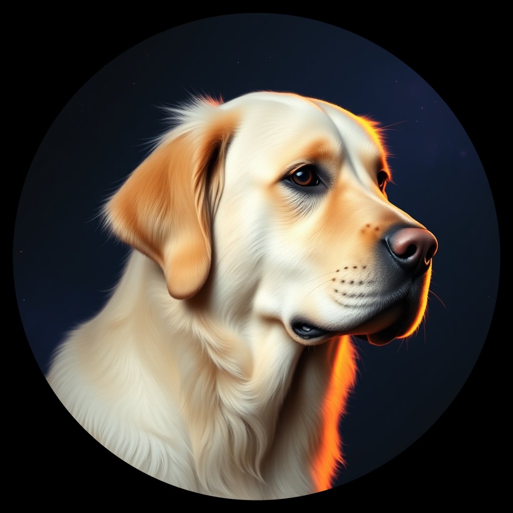 Cosmic medallion portrait of GRLS_grlsP1GMHYZZ, a Golden Retriever