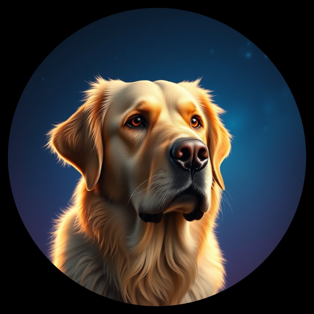 Cosmic medallion portrait of GRLS_grlsP2LPL7DD, a Golden Retriever