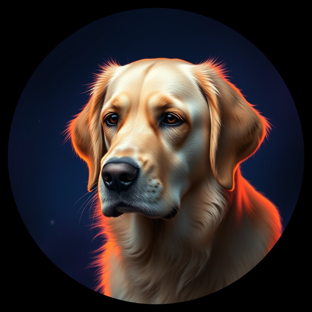 Cosmic medallion portrait of GRLS_grlsP2Y0WRFF, a Golden Retriever