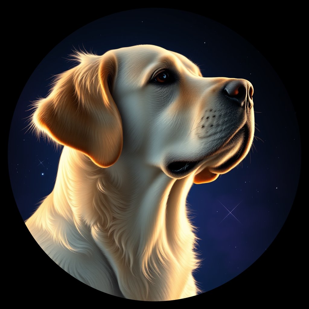 Cosmic medallion portrait of GRLS_grlsP72QJKJJ, a Golden Retriever