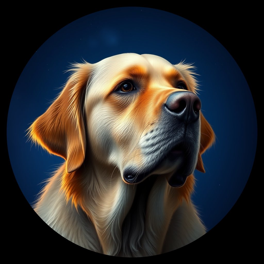 Cosmic medallion portrait of GRLS_grlsP8YVW3FF, a Golden Retriever